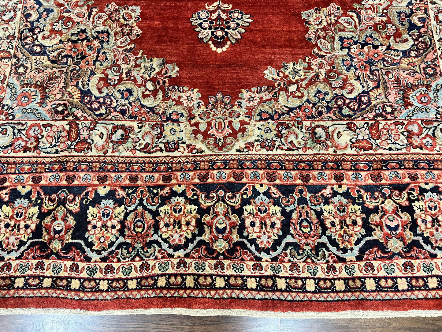 Persian Sarouk Rug 11x14 Handmade Wool Floral Red And Blue Semi Antique