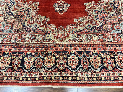 Persian Sarouk Rug 11x14 Handmade Wool Floral Red And Blue Semi Antique