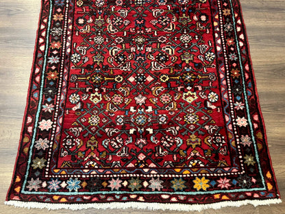 Red Persian Rug Hamadan 4x7 Vintage Wool Village Carpet With Floral Geometric Border