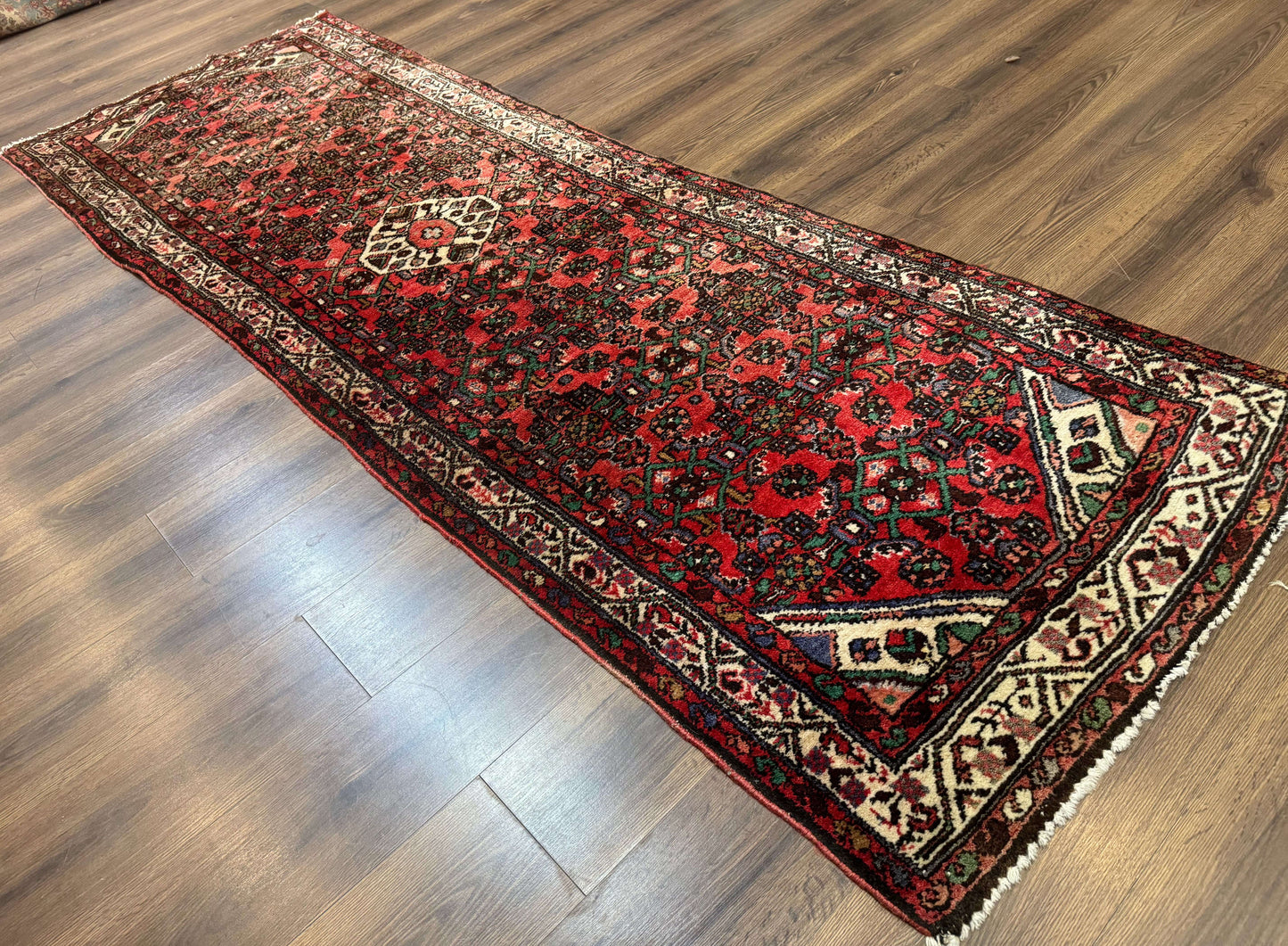 Persian Hamadan Runner Rug 3x10 Wool Hand Knotted Red And Ivory Hallway