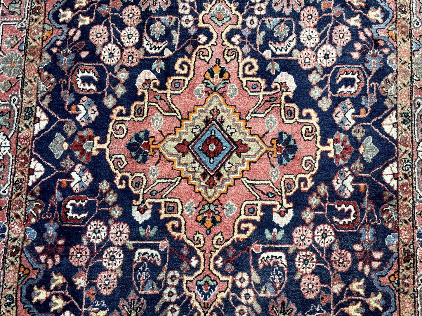 Sarouk Persian Rug Jozan 3x5 Navy Blue And Coral Medallion Handmade Wool