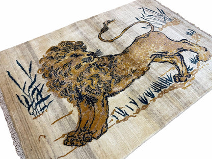 Handmade Wool Rug Hand Knotted Lion Vintage 3.5x4 New Organic Dyes