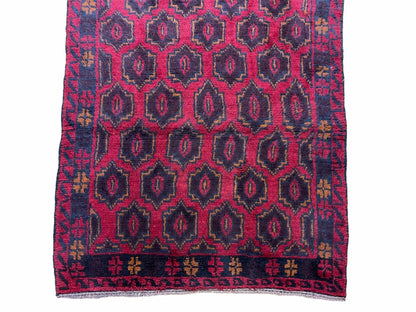 Balouchi Rug Vintage Handmade Tribal Wool Afghan 2ft 10in x 4ft 7in Red Blue