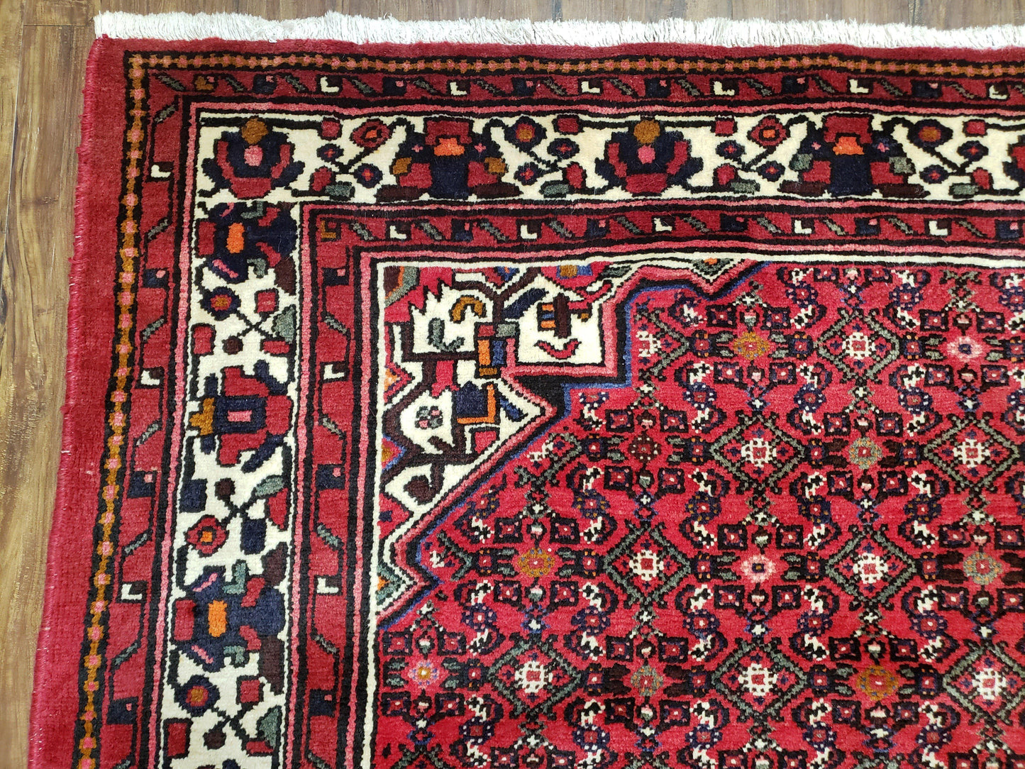Vintage Persian Hamedan Rug 7x10 Hand Knotted Wool Mahi Pattern Red