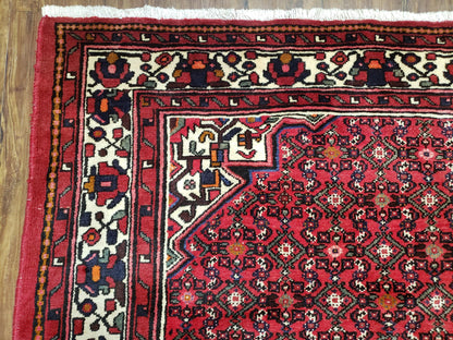 Vintage Persian Hamedan Rug 7x10 Hand Knotted Wool Mahi Pattern Red