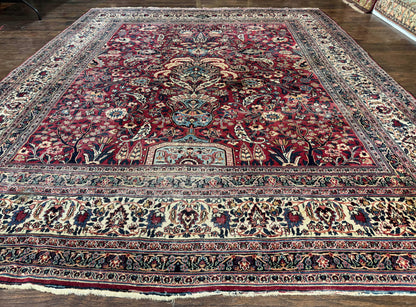 Antique Persian Mashad Rug 10x12 Hand Knotted Signed By Master Weaver Red Ivory Wool