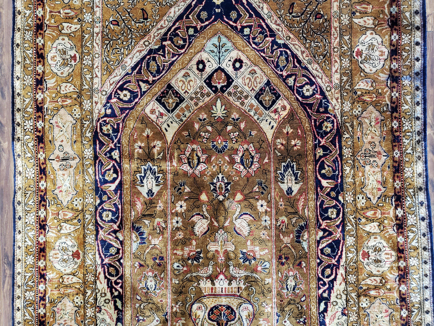 Persian Qum Silk Prayer Rug Hand Knotted 3ft 6in by 5ft Semi Antique