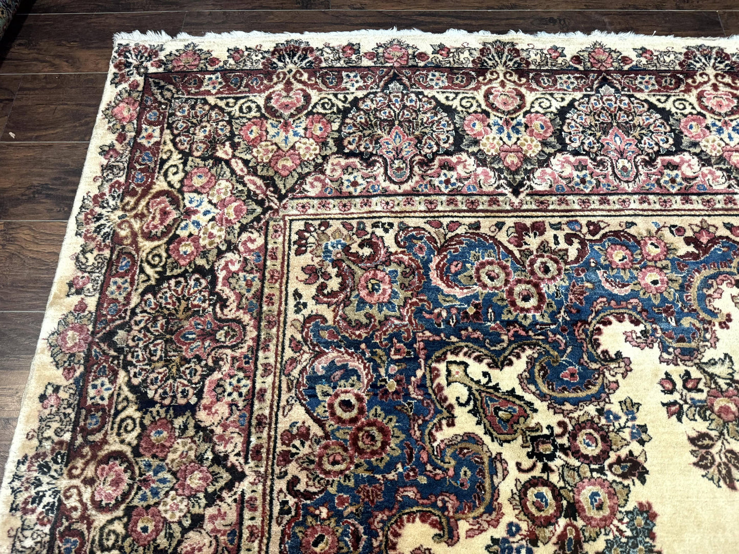 Persian Sarouk Rug 9x12 Ivory and Blue Hand Knotted Antique 1920s Semi Open Field Medallion