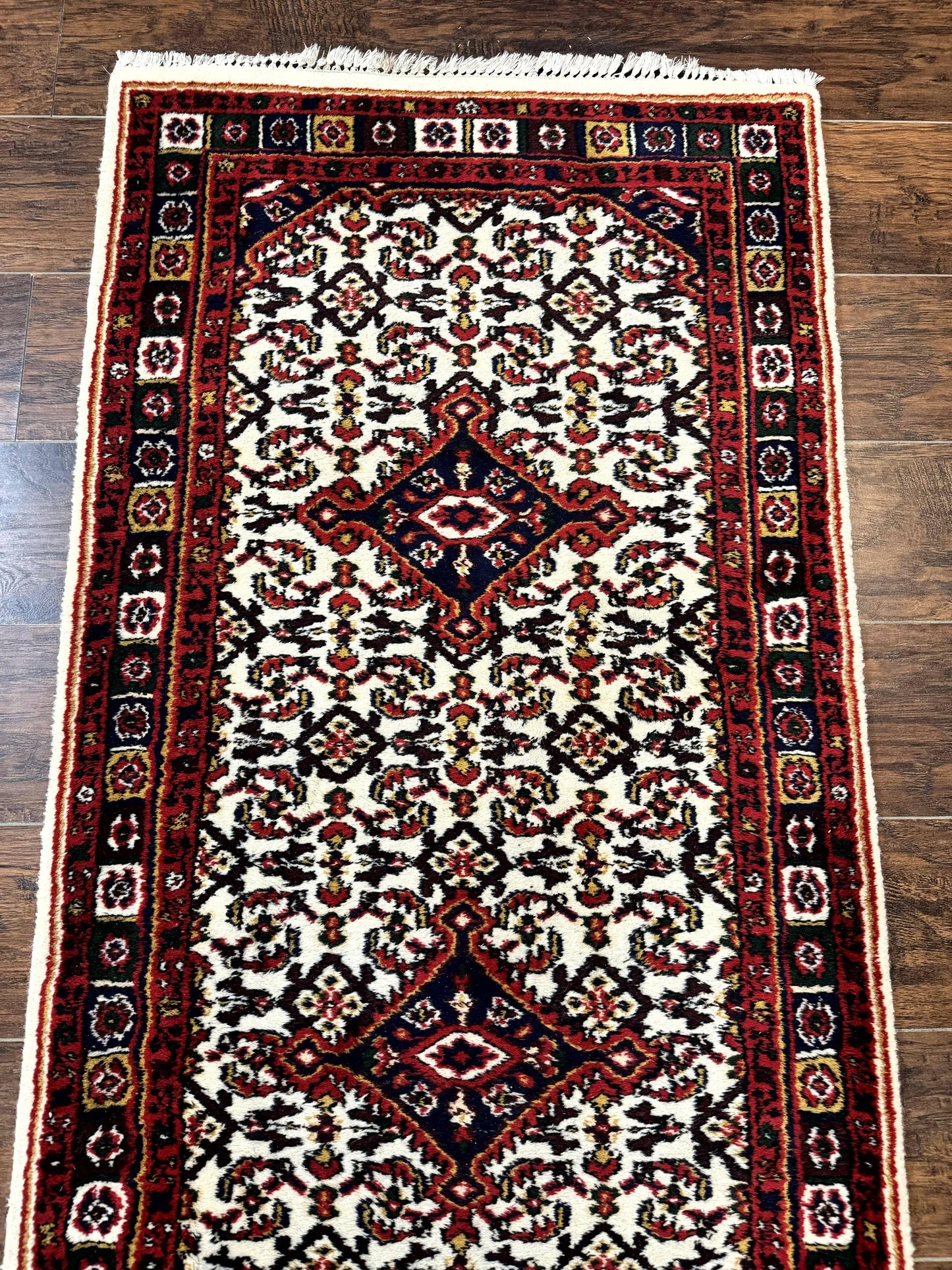 Indo Persian Bidjar Runner Rug Classic Wool Handmade Hallway Decor Ivory And Red Medallions