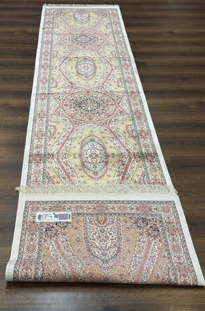 Turkish Silk Runner Rug 2.6 By 12 Hereke Mamluk Bamboo Silk Contemporary Power Loomed New