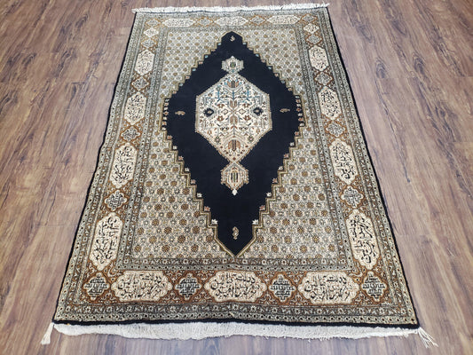Persian Silk Qum Rug Hand Knotted Silk On Silk Luxury Vintage Area Rug Black Gold Beige 3 Ft 6 In By 5 Ft 5 In