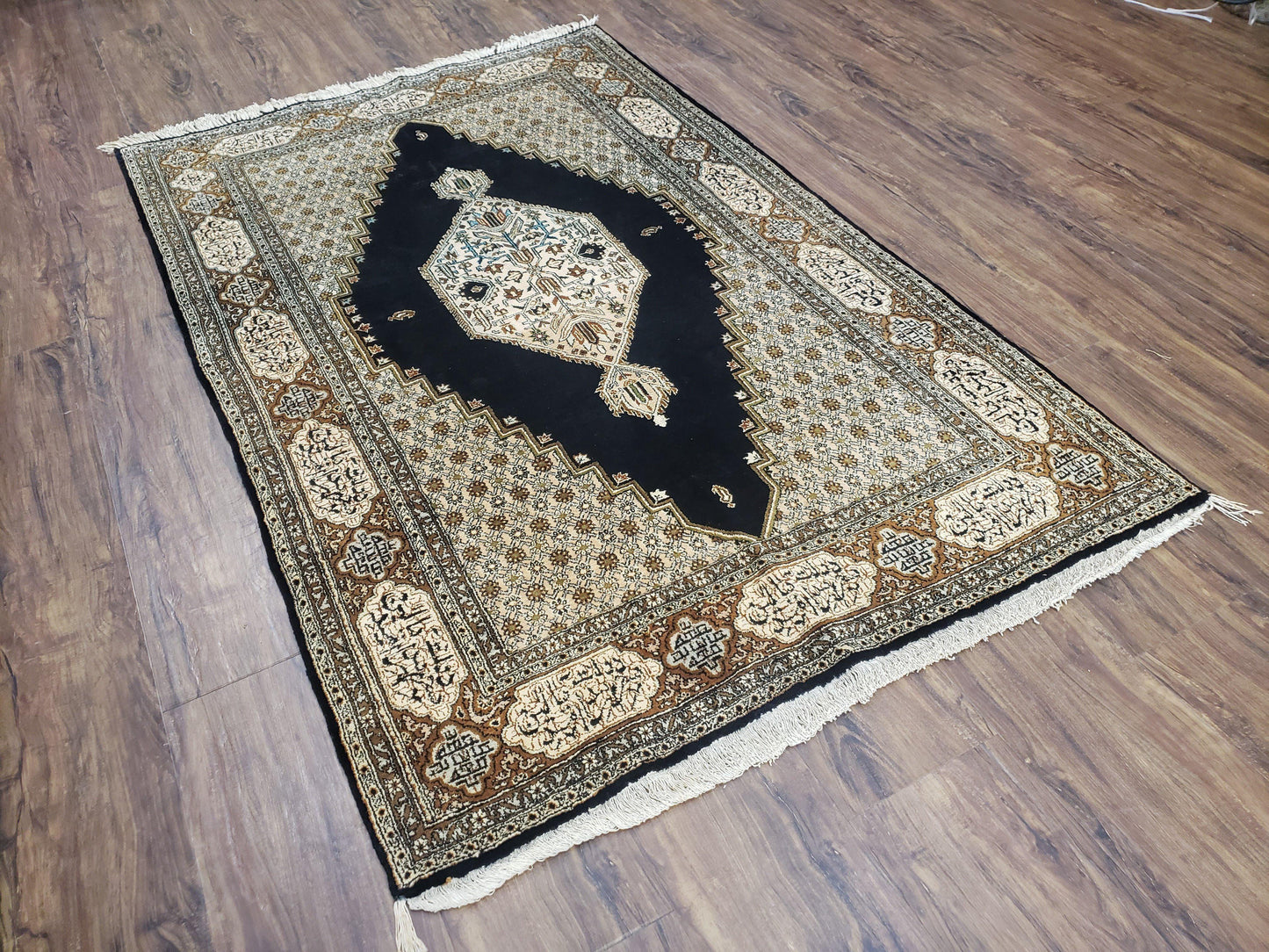 Persian Silk Qum Rug Hand Knotted Silk On Silk Luxury Vintage Area Rug Black Gold Beige 3 Ft 6 In By 5 Ft 5 In
