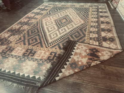 Antique Persian Kilim Rug 9x12 Zarand Handwoven Wool Zigzag Pattern In Earth Tones