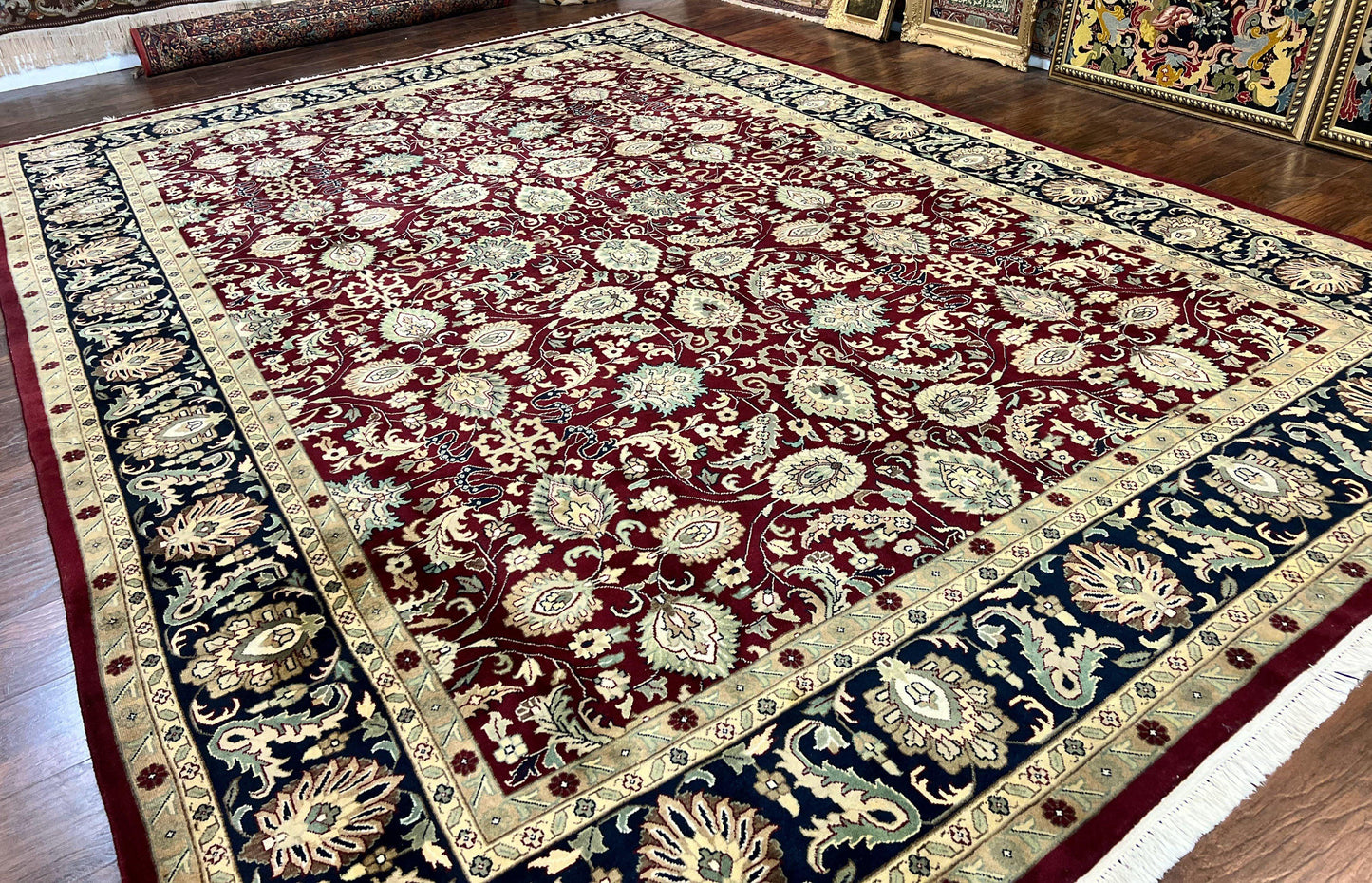Indo Persian Rug 10x14 Hand Knotted Wool Floral Allover Vintage Handmade Carpet