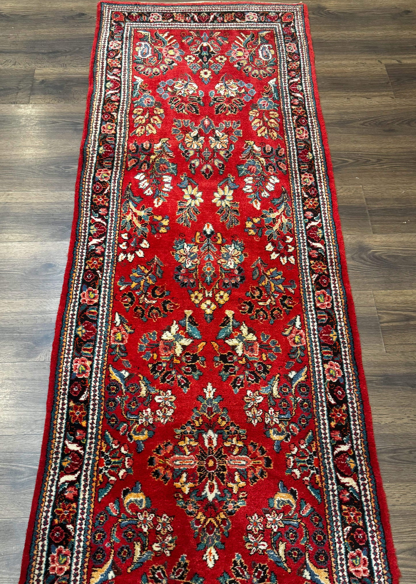 Persian Sarouk Runner Rug 3x12 Vintage Wool Red Floral Design