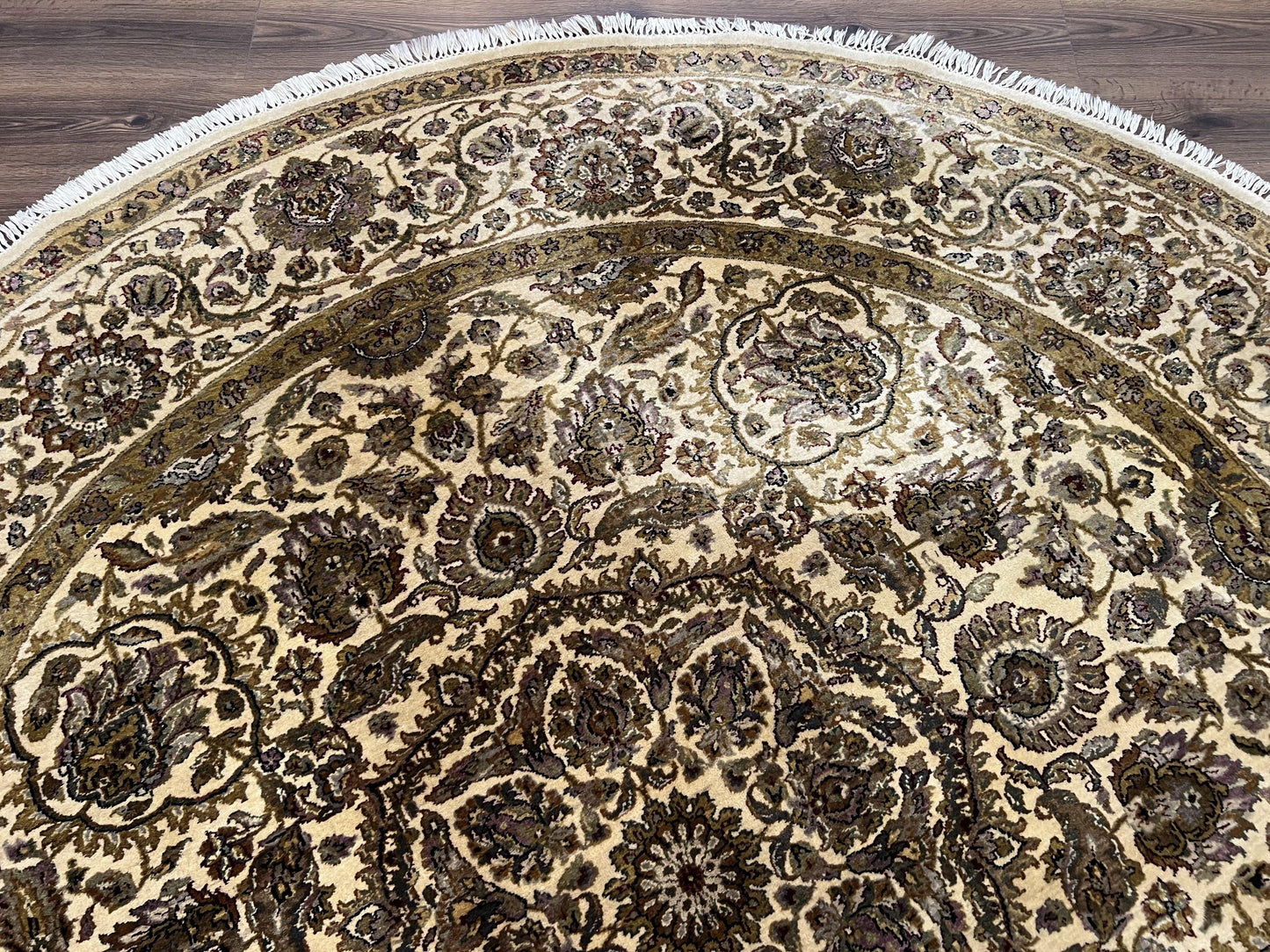 Round Indo Persian Rug 8 by 8 ft Hand Knotted Vintage Wool Circular Carpet Floral Medallion Cream and Green