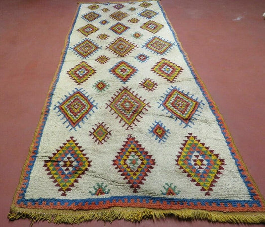 Moroccan Runner Rug Azilal Berber Handmade Wool Vintage Diamond Pattern Ivory Orange Yellow 3 Ft 6 In By 9 Ft 1 In