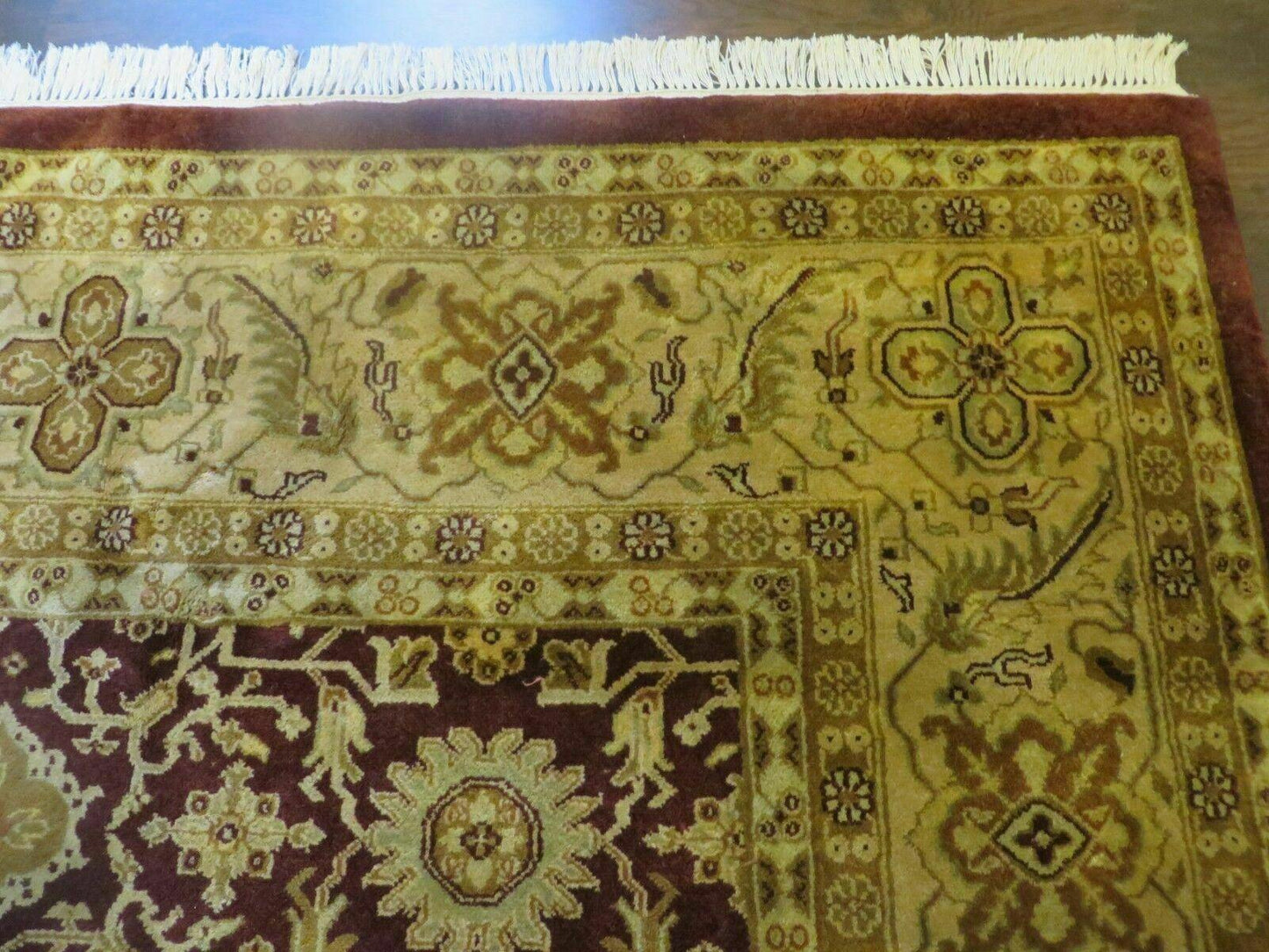 Indian Agra Rug 10x14 Vintage Handmade Wool Carpet Maroon Floral Design