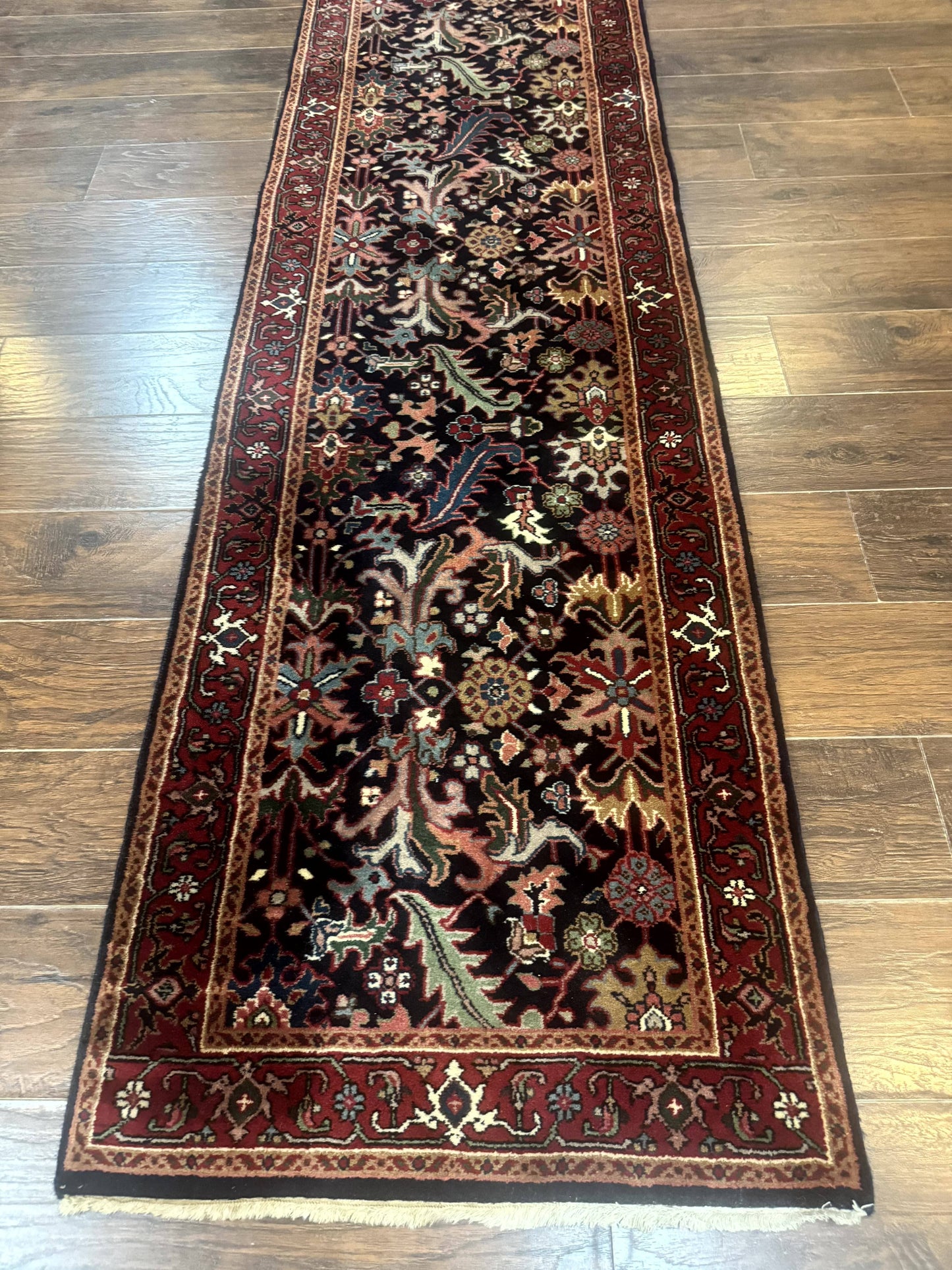 Indo Persian Runner Rug Wool 2.7 X 13 Navy Blue Red Floral Allover