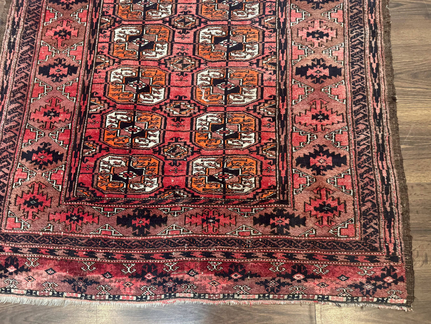 Antique Turkoman Rug Hand Knotted Wool Runner Red 3.7 By 6.7 Feet Home Decor
