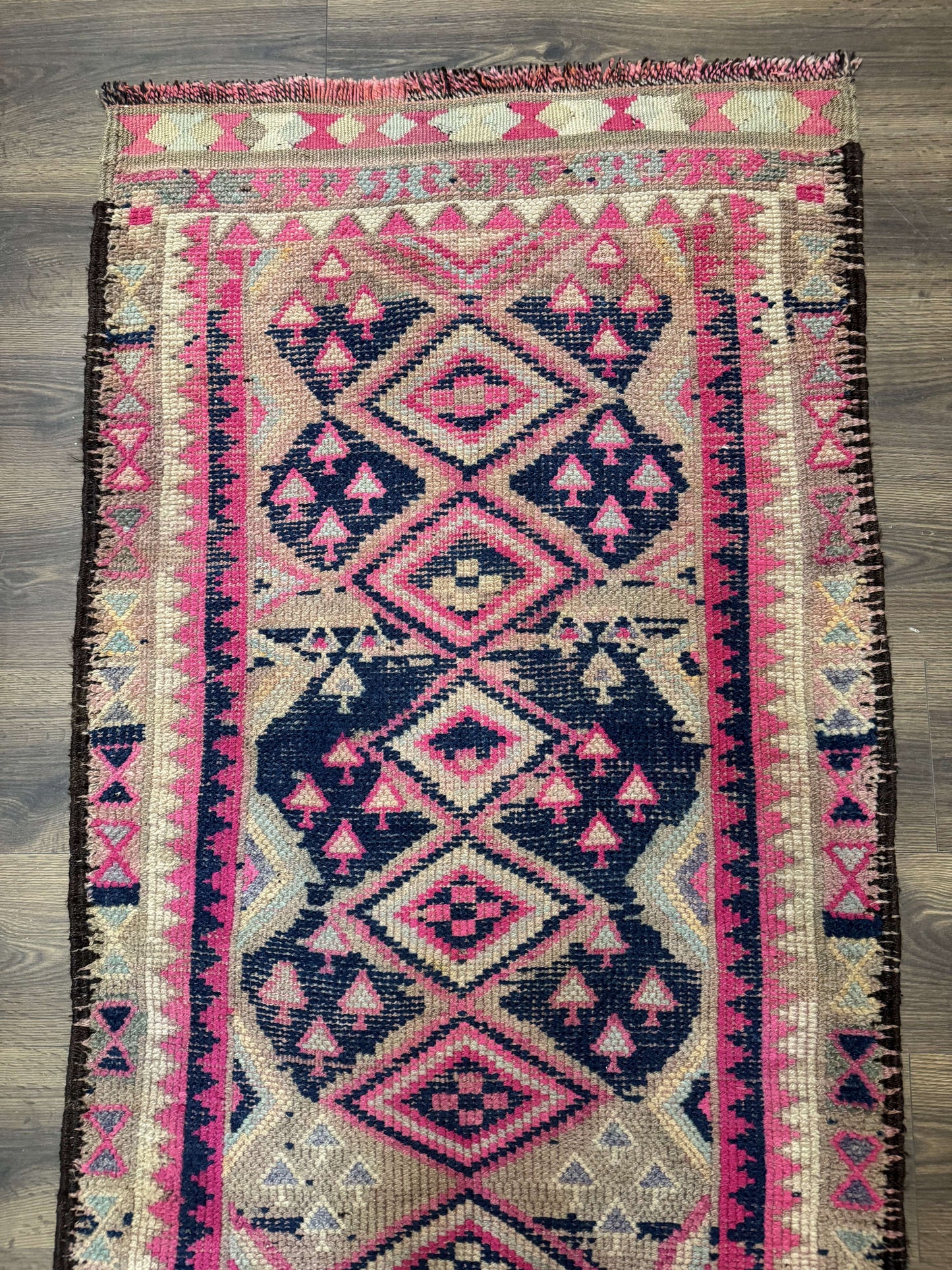 Turkish Runner Rug 3x10 Pink And Navy Blue Bohemian Hallway Kitchen Vintage Geometric Tribal