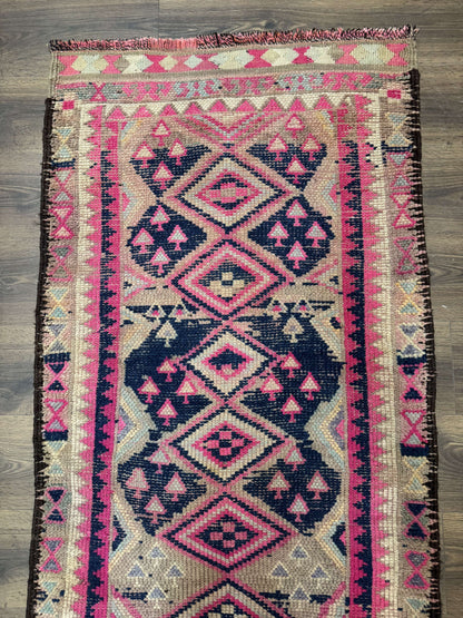 Turkish Runner Rug 3x10 Pink And Navy Blue Bohemian Hallway Kitchen Vintage Geometric Tribal