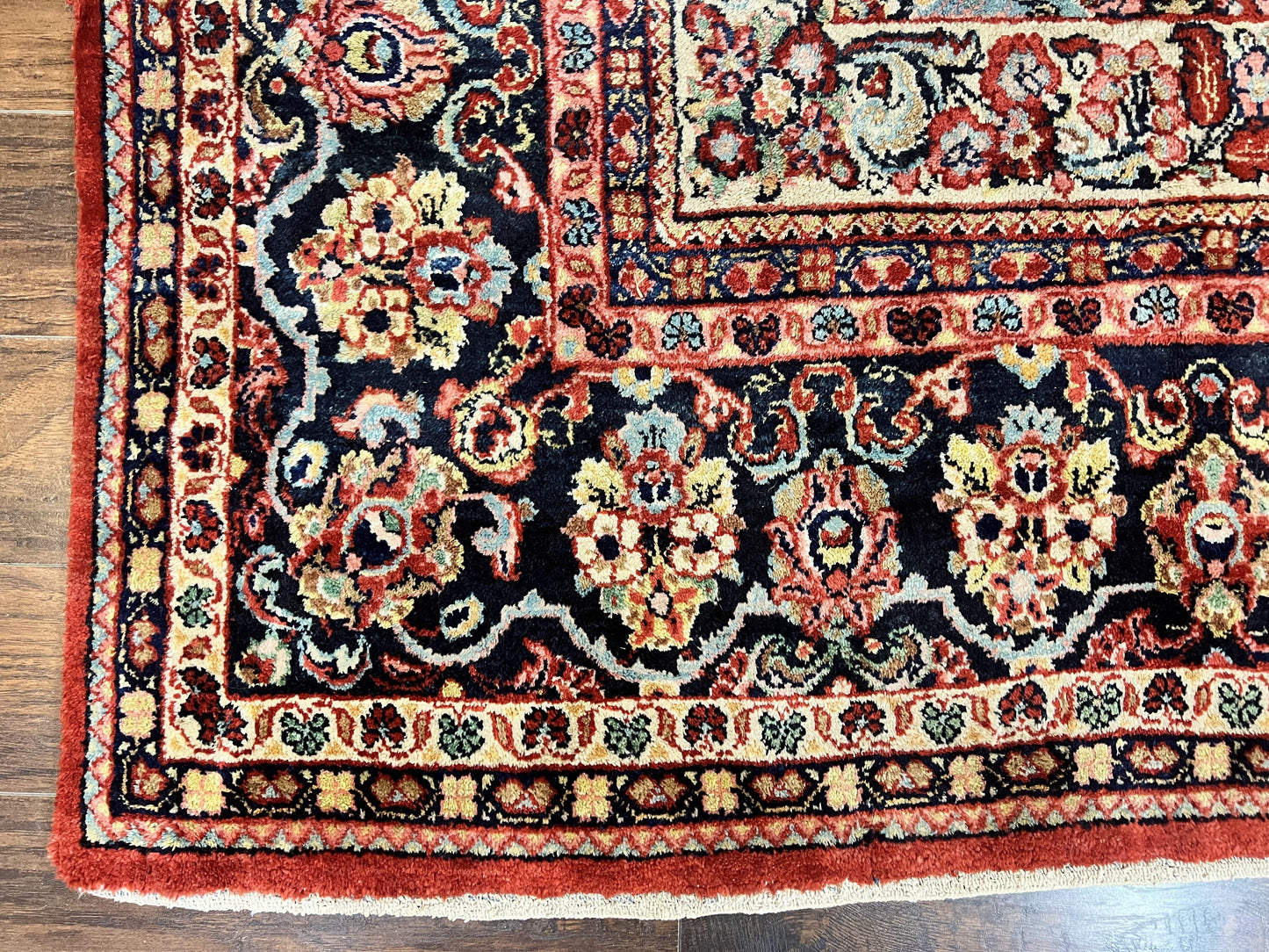 Persian Sarouk Rug 11x14 Handmade Wool Floral Red And Blue Semi Antique