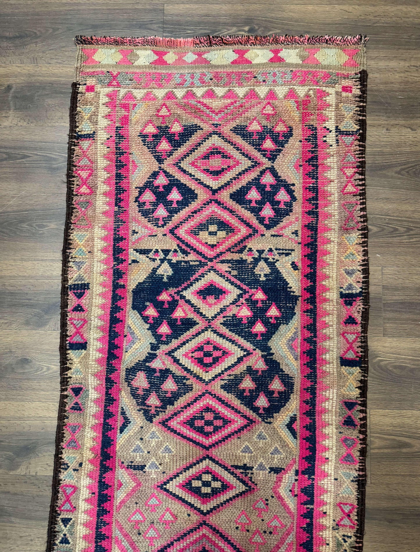 Turkish Runner Rug 3x10 Pink And Navy Blue Bohemian Hallway Kitchen Vintage Geometric Tribal