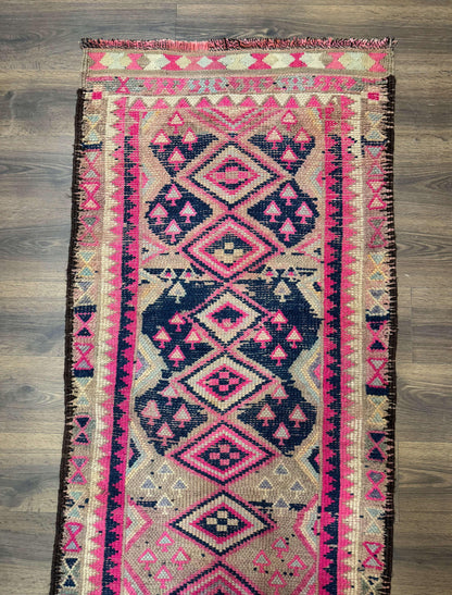 Turkish Runner Rug 3x10 Pink And Navy Blue Bohemian Hallway Kitchen Vintage Geometric Tribal