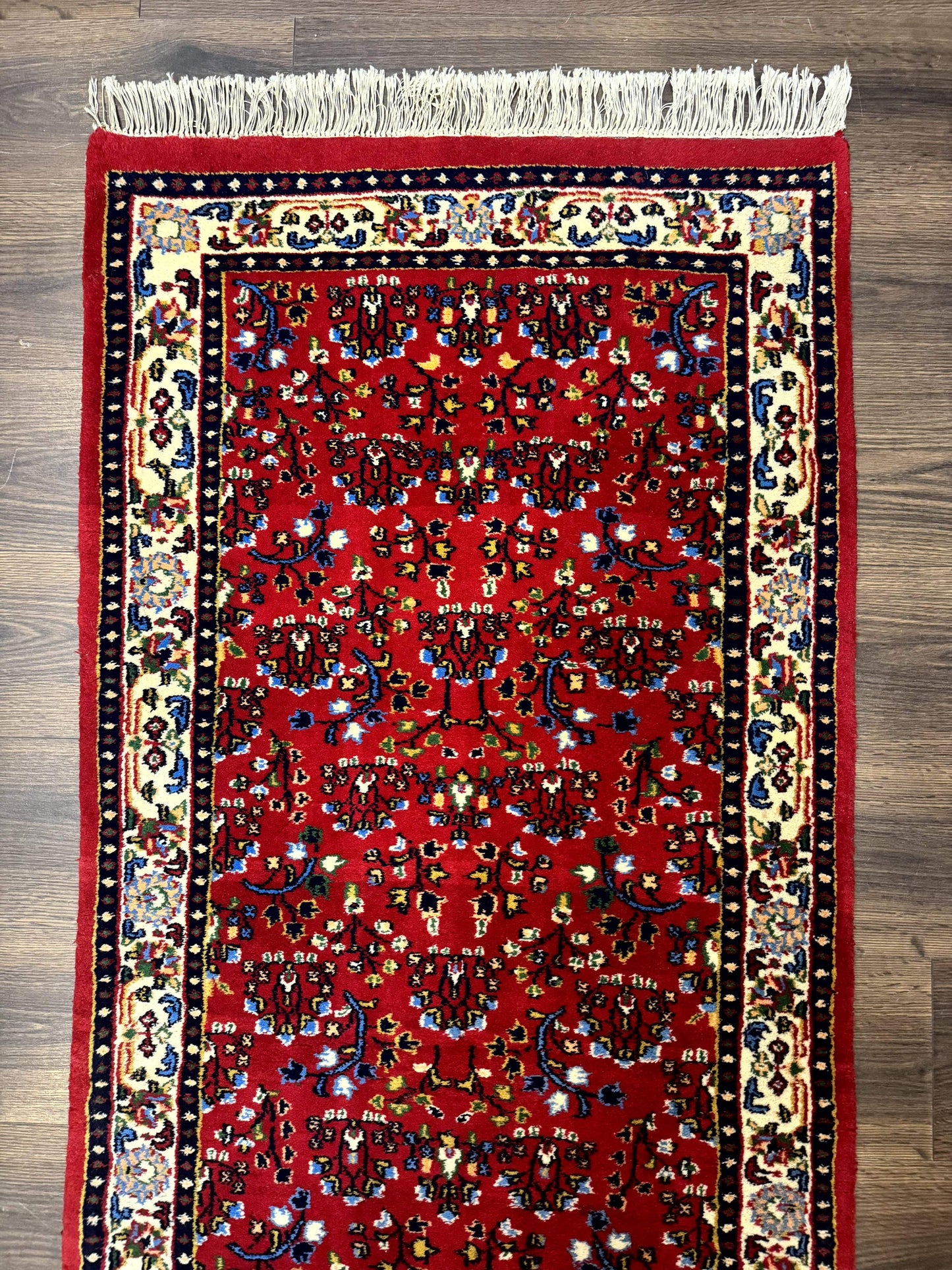 Indo Persian Sarouk Runner Rug 3x12 Hand Knotted Vintage Red And Cream Allover Pattern