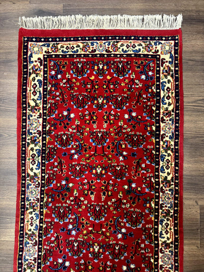 Indo Persian Sarouk Runner Rug 3x12 Hand Knotted Vintage Red And Cream Allover Pattern