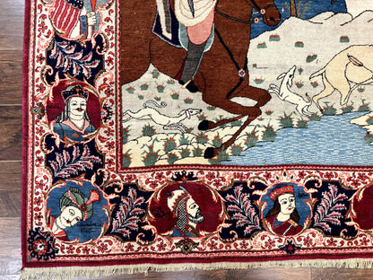 Persian Kashan Pictorial Rug 6x9 Hand Knotted Wool Wall Hanging King Bahram Hunting Scene Antique