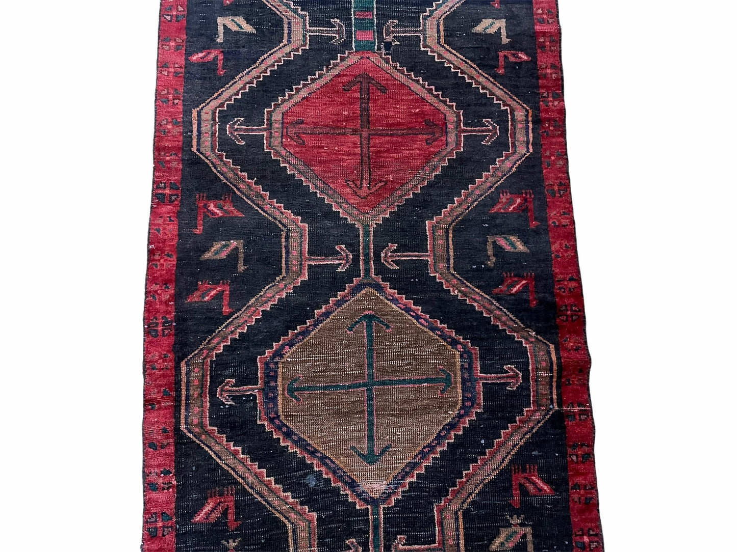 Handmade Wool Tribal Runner Rug 3X7 Geometric Boho Red Blue Organic Dyes