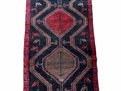 Handmade Wool Tribal Runner Rug 3X7 Geometric Boho Red Blue Organic Dyes