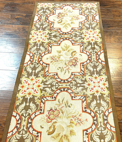 Needlepoint Runner Rug 9.8 Ft Handwoven Wool Floral Brown Beige European Design