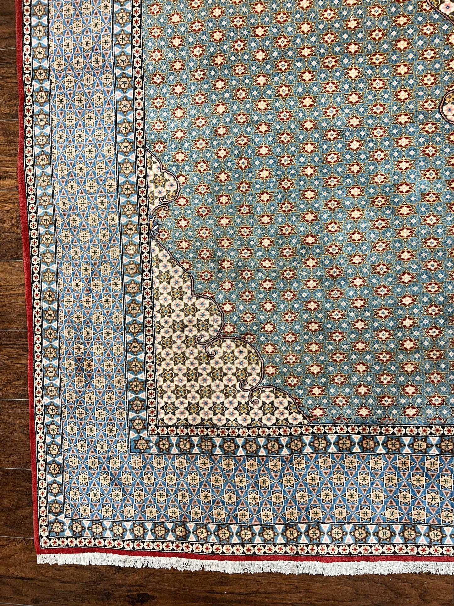 Qum Persian Rug Hand Knotted Wool 8x12 Vintage Star Motifs Blue Ivory