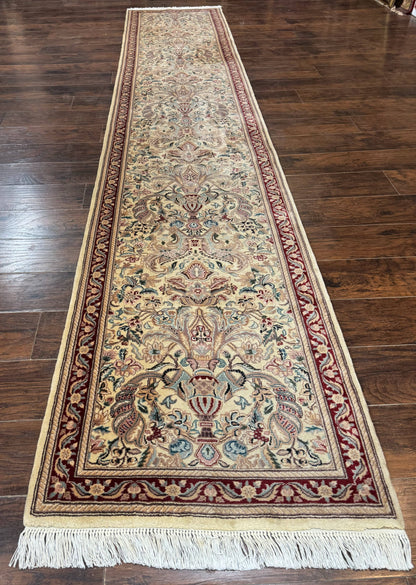 Pakistani Runner Rug 2.8 x 14 Handmade Wool Cream Floral Hallway Accent