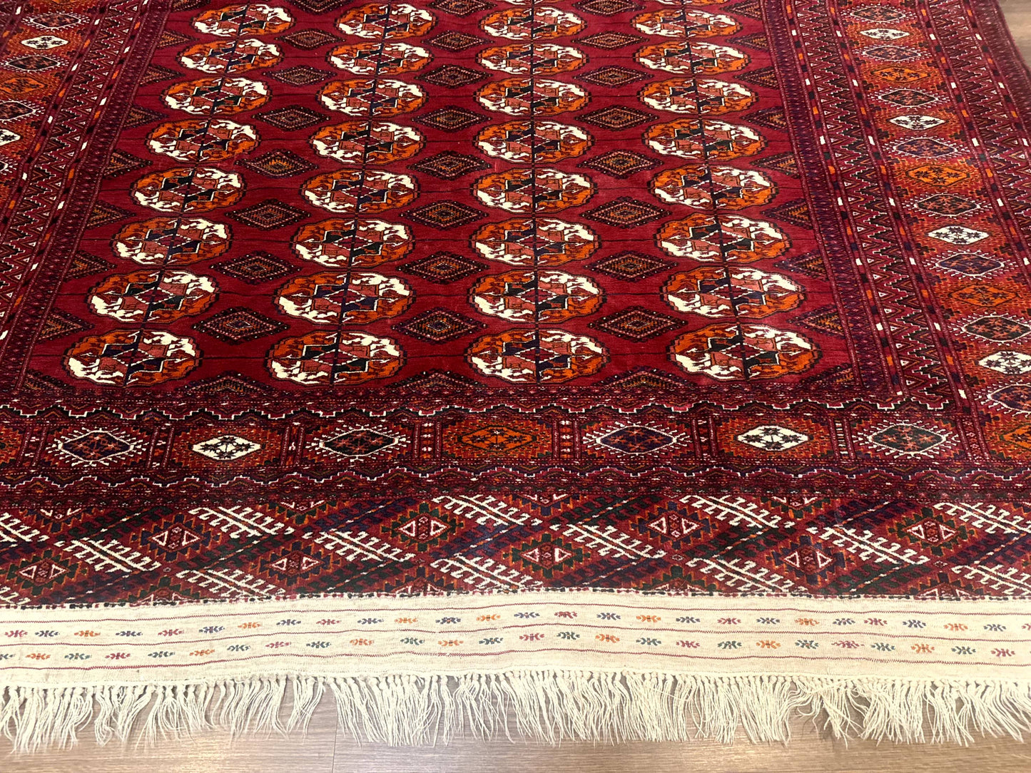 Persian Turkoman Rug 7x9 Antique Red Tribal Carpet With Gul Motif And Geometric Borders