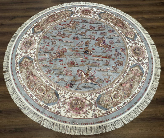 Round Silk Rug 6x6 Bamboo Silk Hunting Design With Animal Pictorials