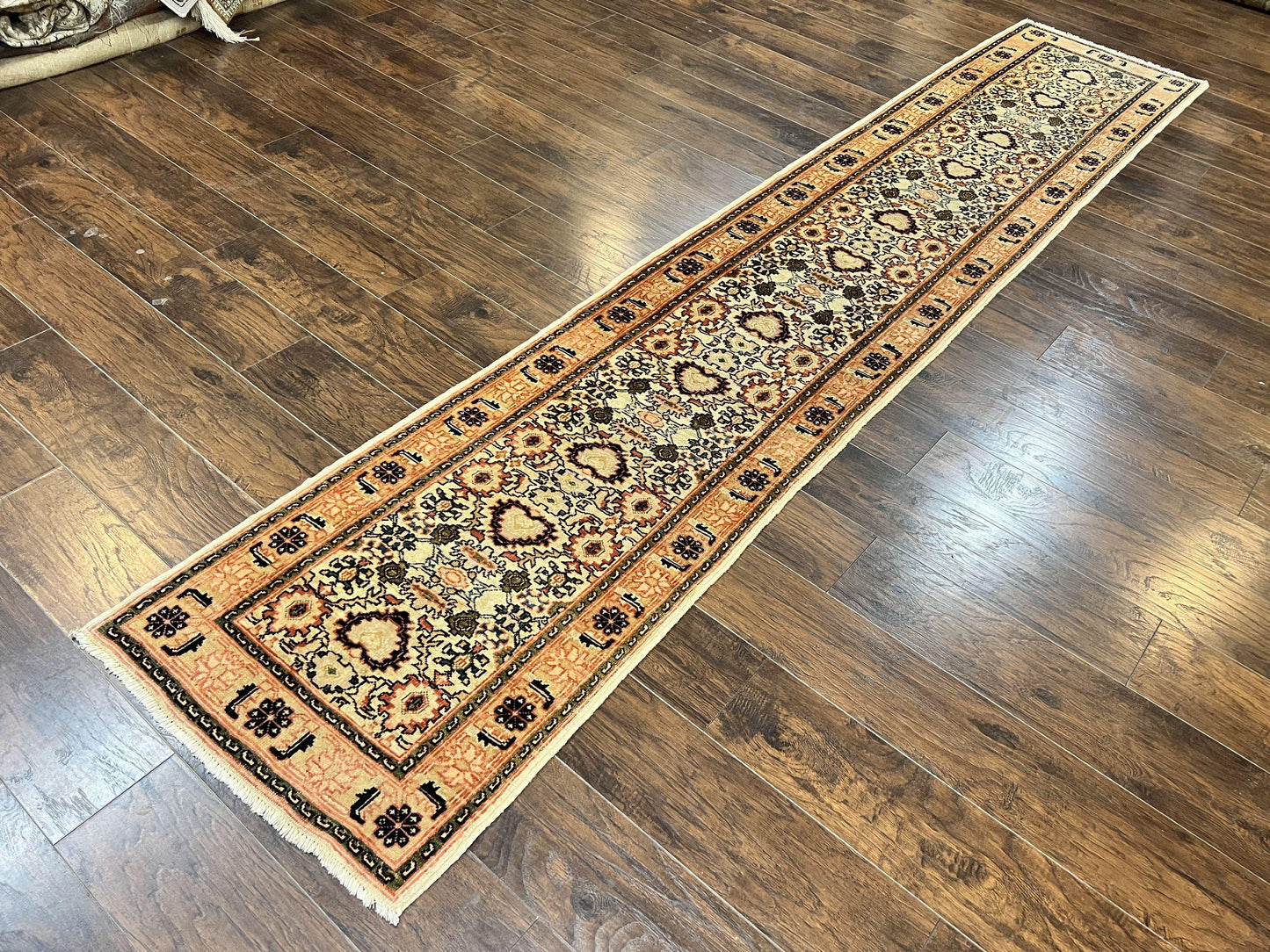 Romanian Wool Runner Rug Hand Knotted 2.6x12.9 Ft Floral Allover Vintage Tan Hallway
