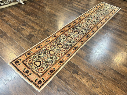 Romanian Wool Runner Rug Hand Knotted 2.6x12.9 Ft Floral Allover Vintage Tan Hallway