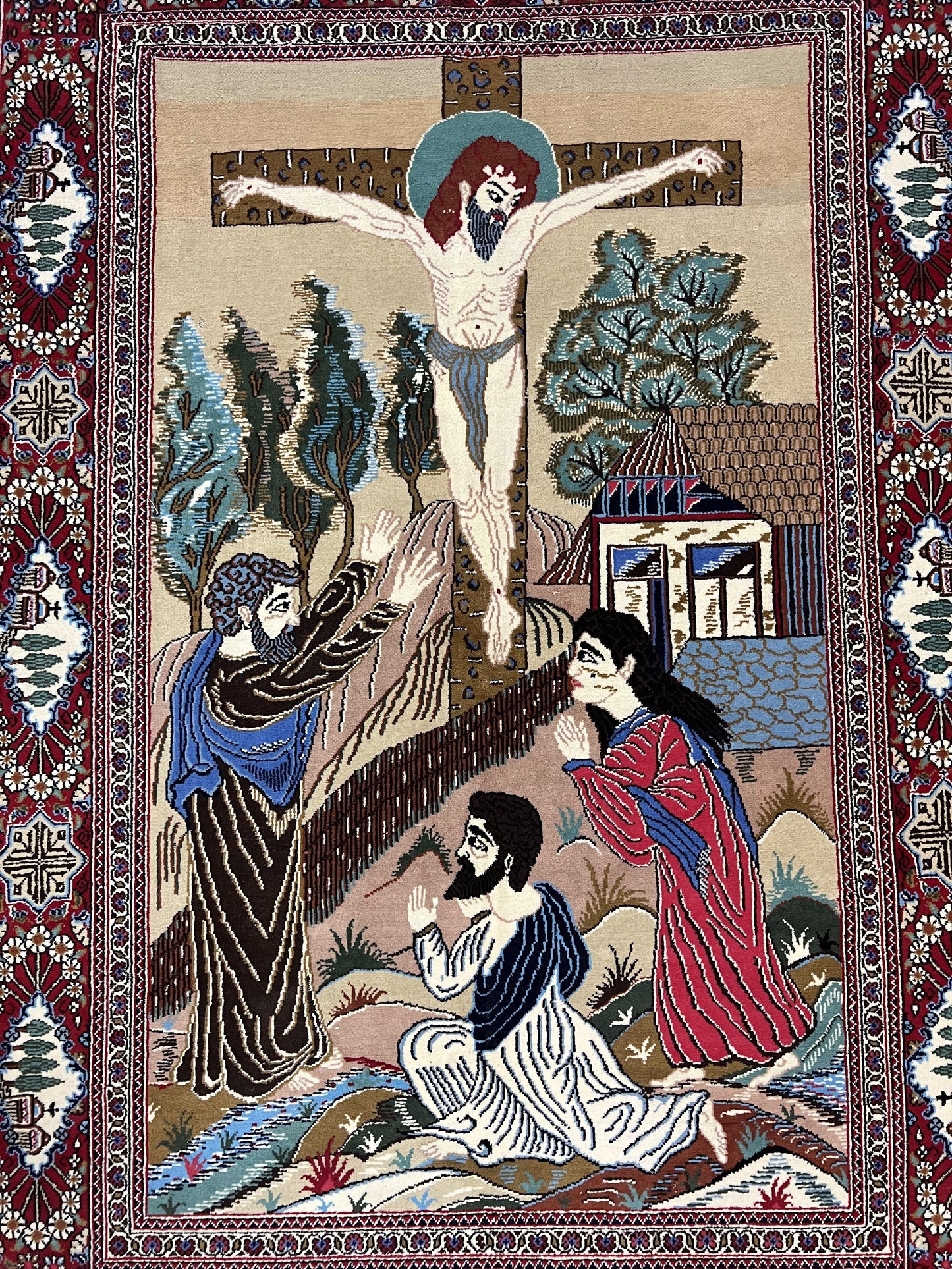 Persian Kashan Pictorial Rug 3x5 Jesus On Cross Handwoven Wool