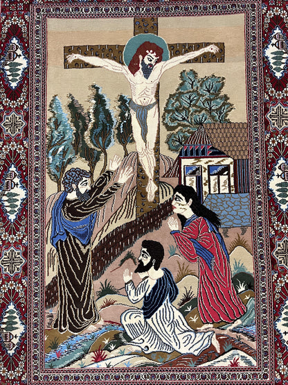 Persian Kashan Pictorial Rug 3x5 Jesus On Cross Handwoven Wool