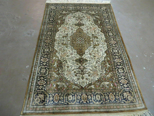 Handmade Chinese Silk Rug Deer And Birds Hand Knotted One Of A Kind 3 By 5