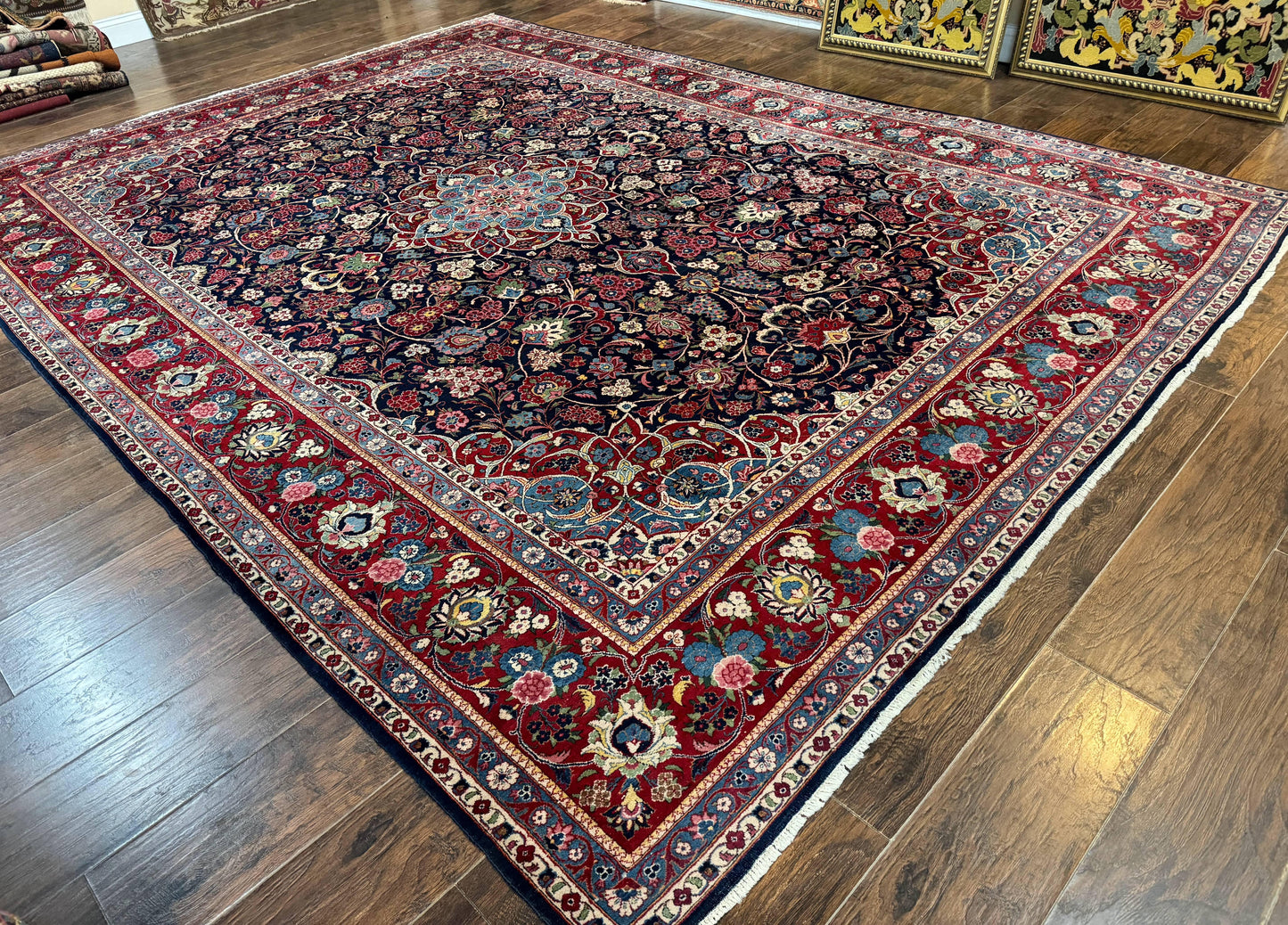 Navy Blue Persian Kashan Rug 9x12 Antique Carpet Wool 200 KPSI