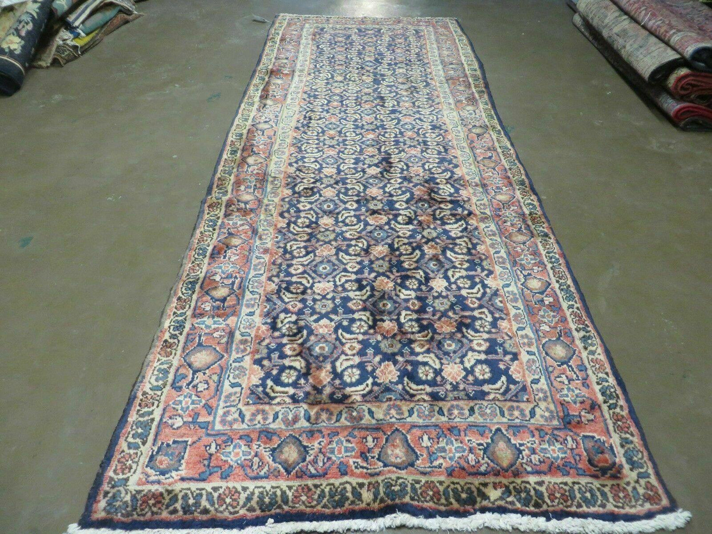 Antique Indian Floral Wool Runner Rug Handmade Oriental Blue 3ft7in X 10ft