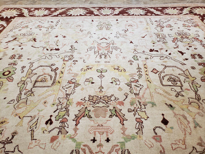 Peshawar Rug Hand Knotted Handmade Wool Oushak Style 10x15 Beige and Maroon Living Room Rug