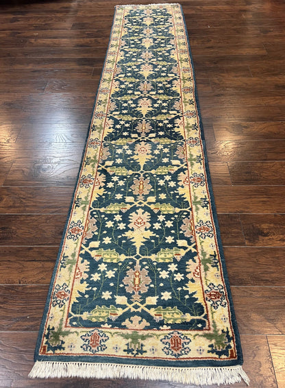 Indo Mahal Wool Hand Knotted Runner Rug 2.6 x 12 Navy Blue Beige Oriental Hallway Rug