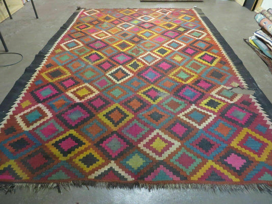 Antique Afghan Kilim Rug Handmade Flatweave Wool 7x10 Vintage Colorful Diamond Pattern