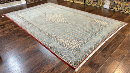 Qum Persian Rug Hand Knotted Wool 8x12 Vintage Star Motifs Blue Ivory